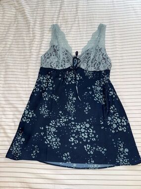 Free People Navy Dress with Light Blue Lace & Floral Print